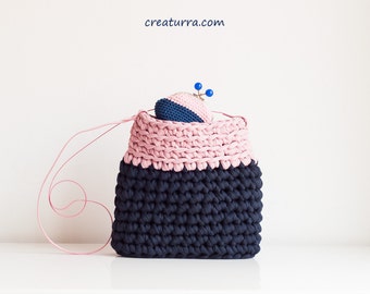 Blue Pink Crochet Bag, Pink crochet Bag, T-shirt yarn blue Bag, Pink Sling Bag