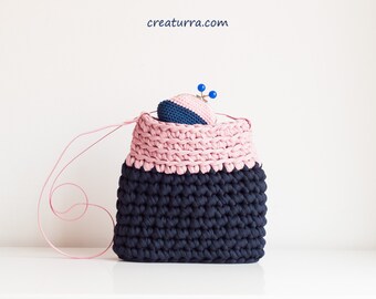 Handmade Crochet T-shirt Yarn Bag, Pink and Blue Sling Bag