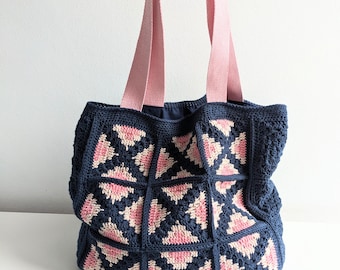 Handmade Granny Square Crochet Tote Bag, Navy Blue and Pink
