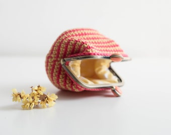 Coral Crochet Coin Purse, Retro coral Coin Purse with lining, cute yellow coin purse