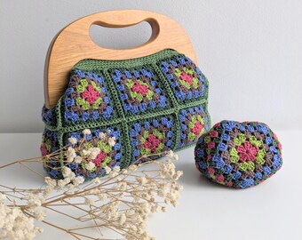 Handmade Granny Square Crochet Handbag, Wooden Handles