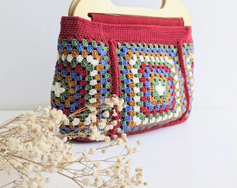 Handmade Granny Square Crochet Bag, Wooden Handles