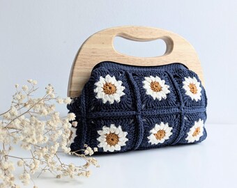 Handmade Navy Blue Daisy Crochet Granny Square Clutch with Wooden Handles