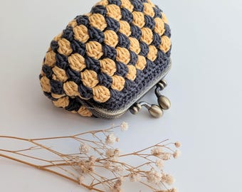 Yellow  Handmade Crochet Granny Square Coin Purse, Retro grey Kiss Lock Clasp Purse
