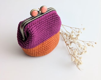 Orange Fuchsia Crochet Coin Purse, Retro Kiss Lock Clutch, 100% Cotton Bag