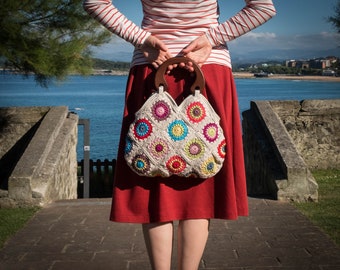 Handmade Granny Square Crochet Bag, Colorful Boho Handbag, Wooden Handles