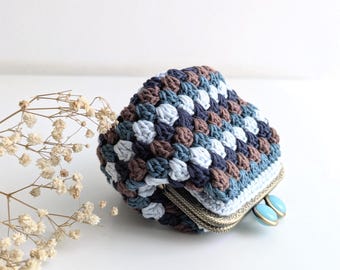 Handmade Blue Crochet Granny Square Coin Purse, Retro Kiss Lock Clasp