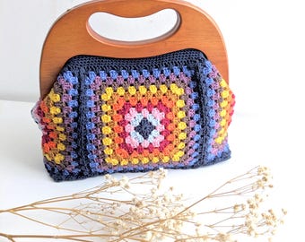 Handmade Granny Square Crochet Handbag, Wooden Handles, Colorful Cotton Tote
