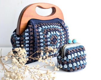 Blue Handmade Granny Square Crochet Handbag, Wooden Handles, Brown Cotton Tote