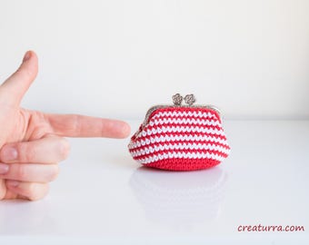 Crochet Coin Purse, Red stripes Coin Purse, Kiss Lock Coin Purse, Retro Coin Purse, vintage Stripes Coin Purse, Cotton Coin Purse