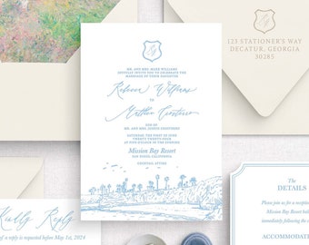 May include: A wedding invitation suite in a blue and white colour scheme. The invitation features a watercolour illustration of a beach scene with palm trees and a blue sky. The RSVP card is a separate card with a pink ribbon and wax seal. The invitation text includes the names "Rebekah & William" and "Matthew & Christina".