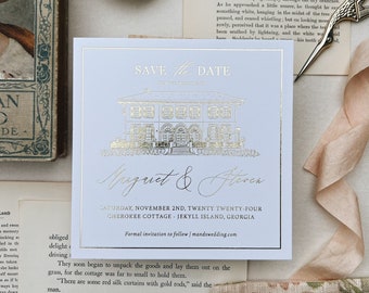 Custom Venue Illustration Save the Date, Square Save the Date, Foil Save the Date, Save the Date, Luxury, Watercolor Save the Date, Timeless