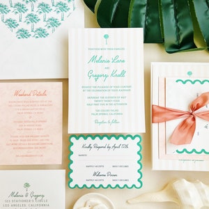 Palm Wedding Invites, Palm Tree Invitations, Letterpress Invitation Suite, Tropical Wedding Invites, Colorful, Palm Beach, Pink and Green