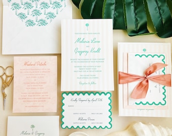 The Sunshine Letterpress Invitation Suite, Palm Tree Invitations, Letterpress, Tropical Invitations, Colorful, Palm Beach, Pink and Green