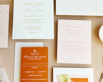 The Betsy Wedding Invitation Suite,  Palm Invitations, Miami Letterpress Invitations, Tropical Wedding, Colorful, Palm Beach, Pink and Green