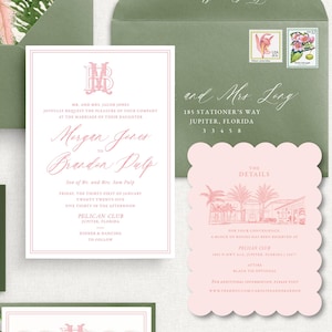 The Pelican Wedding Invitation Suite, Tropical Wedding, Pink and Green, Florida Wedding, Southern Invitations, Monogram Invitation, Colorful