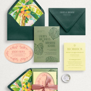 Tropical Palm Leaf Letterpress Wedding Invitation Suite, Letterpress Wedding Invitations, Destination Wedding Invitations, Colorful Invites