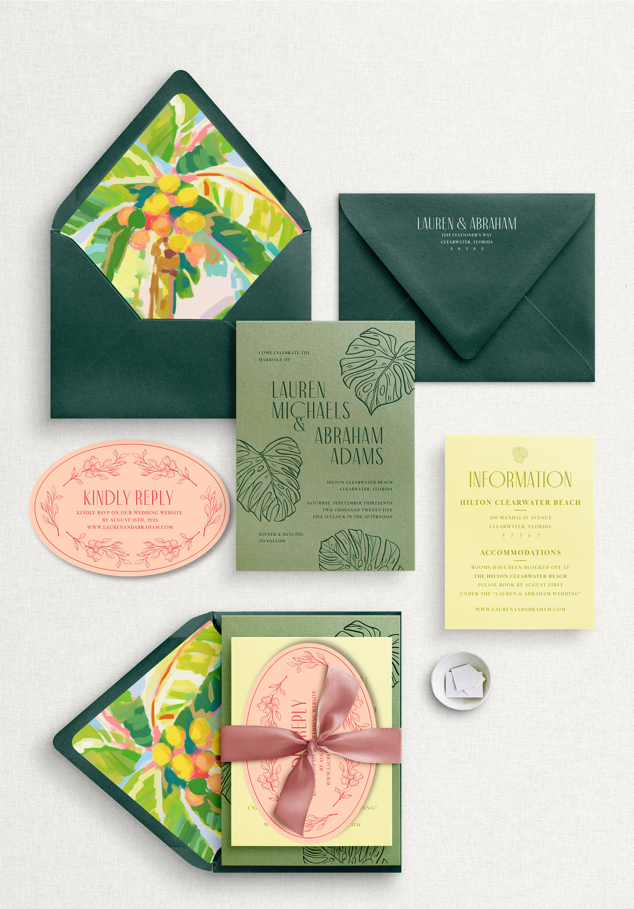 Tropical Palm Leaf Letterpress Wedding Invitation Suite, Letterpress Wedding Invitations, Destination Wedding Invitations, Colorful Invites