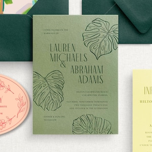 Tropical Palm Leaf Letterpress Wedding Invitation Suite, Letterpress Wedding Invitations, Destination Wedding Invitations, Colorful Invites