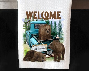 Camping Gift, Happy Camper Kitchen Towel, RV Decor, Bear Camper Towel