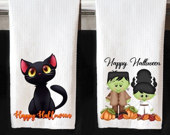 Halloween Kitchen Towels, Cat Fall Towels, Frankenstein Towels, Custom Kitchen Towels,