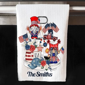 July 4th Gnome Kitchen Towel, Patriotic Personalized Gnome Kitchen Towel, American Flag Gnome