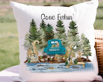 Personalized Fishing Gnome Pillow Cover Fishing Decor Gone Fishing Pillow Cover