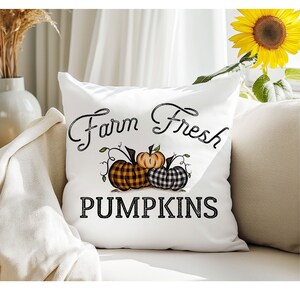 18x18 inch canvas pillow cover hidden zipper reads farm fresh pumpkins with 3 pumpkins on it two of them are buffalo plaid image is permanently embedded into the fibers of the fabric and will never come off machine wash tumble dry pillow cover only