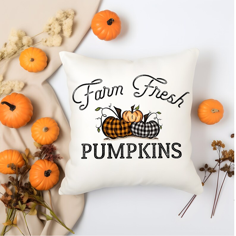 18x18 inch canvas pillow cover hidden zipper reads farm fresh pumpkins with 3 pumpkins on it two of them are buffalo plaid image is permanently embedded into the fibers of the fabric and will never come off machine wash tumble dry pillow cover only