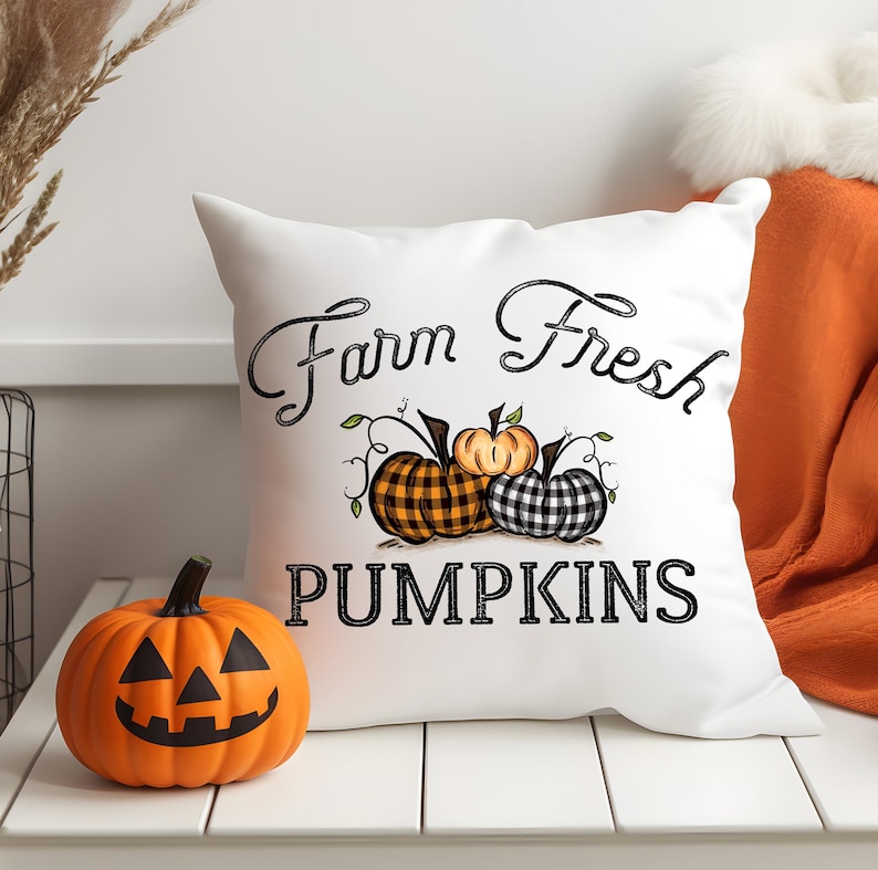 18x18 inch canvas pillow cover hidden zipper reads farm fresh pumpkins with 3 pumpkins on it two of them are buffalo plaid image is permanently embedded into the fibers of the fabric and will never come off machine wash tumble dry pillow cover only