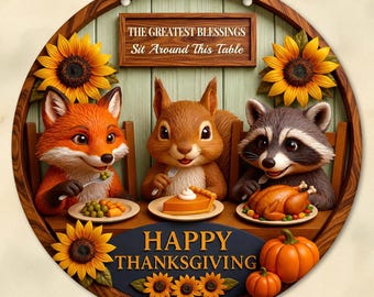 Personalized Thanksgiving Sign, Woodland Animal Fall Decor, Rustic Fox Raccoon Squirrel Door Hanger, Farmhouse Autumn Wall Art
