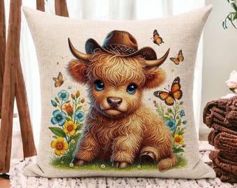 Highland Cow Pillow, Western Decor, Floral Cow Throw Pillow, Cowboy Highland Cow, Farmhouse Accent Pillow, Country Decor, Highland Cow Gift