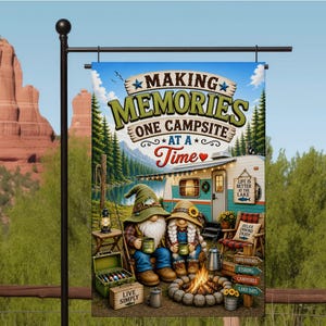 12x18 Camping Garden Flag: Gnome Couple, Making Memories Campsite Quote