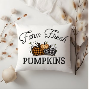 18x18 inch canvas pillow cover hidden zipper reads farm fresh pumpkins with 3 pumpkins on it two of them are buffalo plaid image is permanently embedded into the fibers of the fabric and will never come off machine wash tumble dry pillow cover only