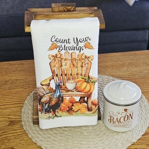 Thanksgiving Blessings Kitchen Towel - Rustic Fall Decor, Autumn Dishcloth, Seasonal Home Decor - Harvest Turkey Pumpkin Leaves Design