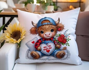 Personalized Highland Cow Valentines Pillow,  Wedding Anniversary Gift, Farmhouse Gift for Valentine's Day, Highland Cow Pillow