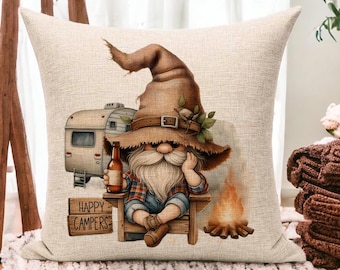 Camping Gnome Pillow Cover - Rustic Outdoor Decor, Camper's Haven Cushion, Happy Campers Gift
