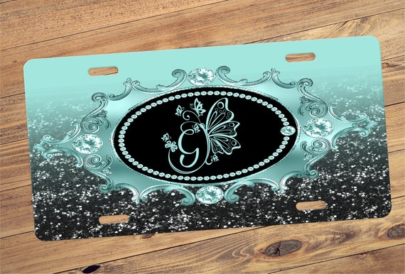 Monogram Car Coasters, Monogrammed License Plate NOT ACTUAL GLITTER Aqua Glitter Personalized License Plate Frame Car Tag