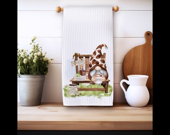 Coffee Gnome Kitchen Towel, Personalized Coffee Dish Cloth, Gnome Kitchen Decor, Customized Hand Towel