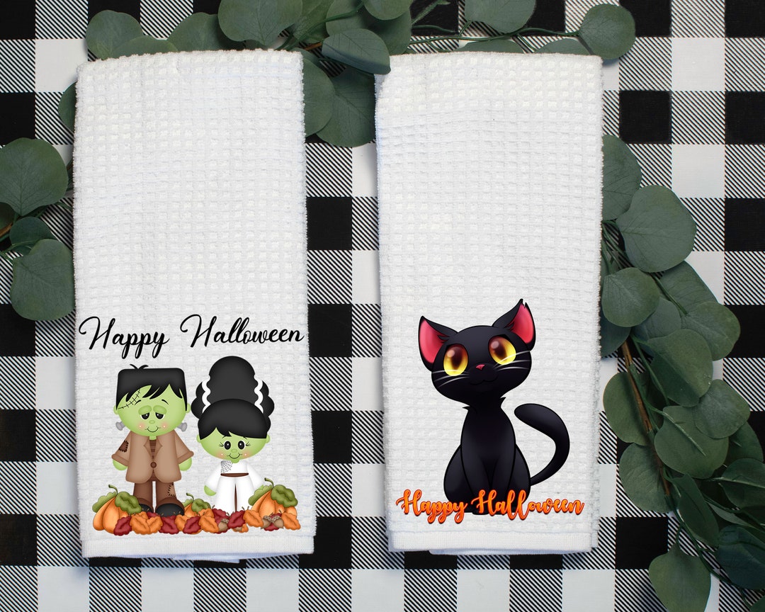 Halloween Kitchen Towels Set - Spooky Witchy Black Cat Dishcloth ...