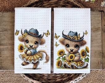 Personalized Highland Cow Kitchen Towel, Sunflower Cow Towel, Farmhouse Decor, Rustic Kitchen Towel, Cute Cow Gift, Country Kitchen Towel