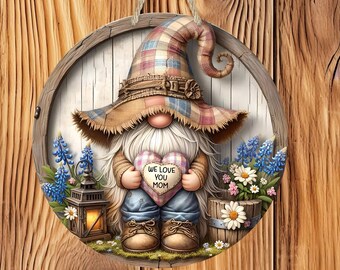 Mothers Day Personalized Gnome Sign - Rustic Gnome Holding Heart - Custom Name Gift for Mom, Grandma, Farmhouse Door Hanger