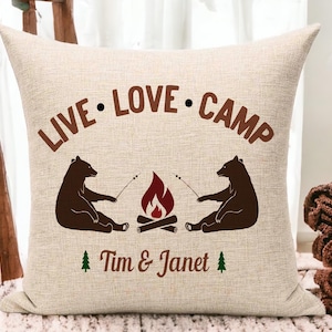 Personalized Live Love Camp Pillow, Custom Family Camping Decor, Rustic Cabin Accent, Perfect for Campers
