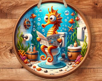 Seahorse Bathroom Sign, Frame Ocean Humor Wall Art, Nautical Coastal Bathroom Décor, Beach House Gag Gift