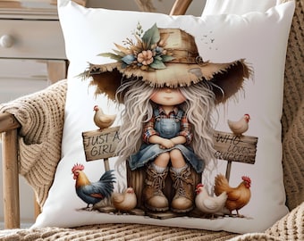 Adorable Farmhouse Girl with Chickens Throw Pillow Cover, Rustic Chicken Home Décor, Perfect Gift for Farm Animal Lovers, Chicken Lover Gift
