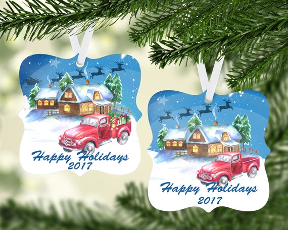 Personalized Christmas Log Cabin Ornaments Red Truck Etsy