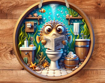 Funny Puffer Fish Bathroom Sign –  Ocean Humor Wall Art, Nautical Coastal Bathroom Décor, Beach House Gag Gift