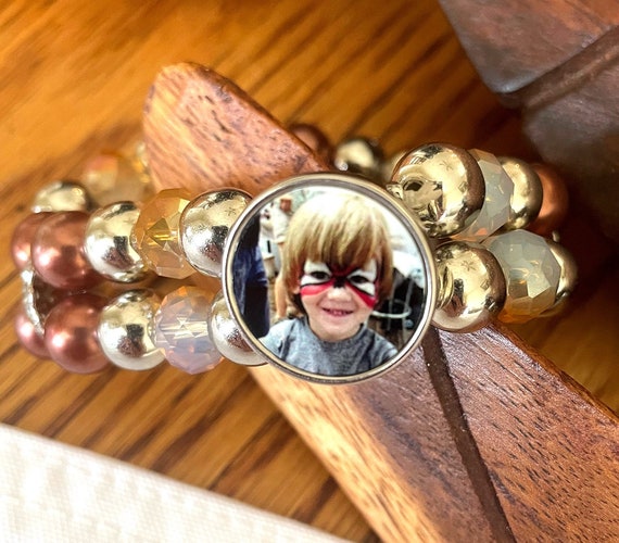 Photo Beaded Stretch Bracelet Rhinestone Photo Bracelet Snap Photo Jewelry