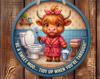 Highland Cow Bathroom Sign,  Rustic Wall Decor, Farmhouse Toilet Humor, Country Bathroom Gift