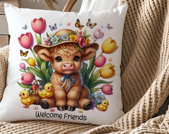 Personalize Highland Cow Pillow, Spring Cow Pillow, Farmhouse Decor, Easter Throw Pillow, Rustic Cow Pillow, Boho Home Accent, Cute Cow Gift